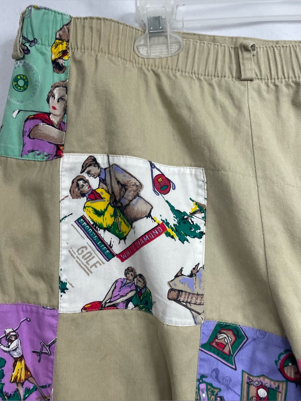 PatchIt Golf Print Patchwork Khaki Cotton Shorts Size Large Funky Retro - Picture 9 of 14